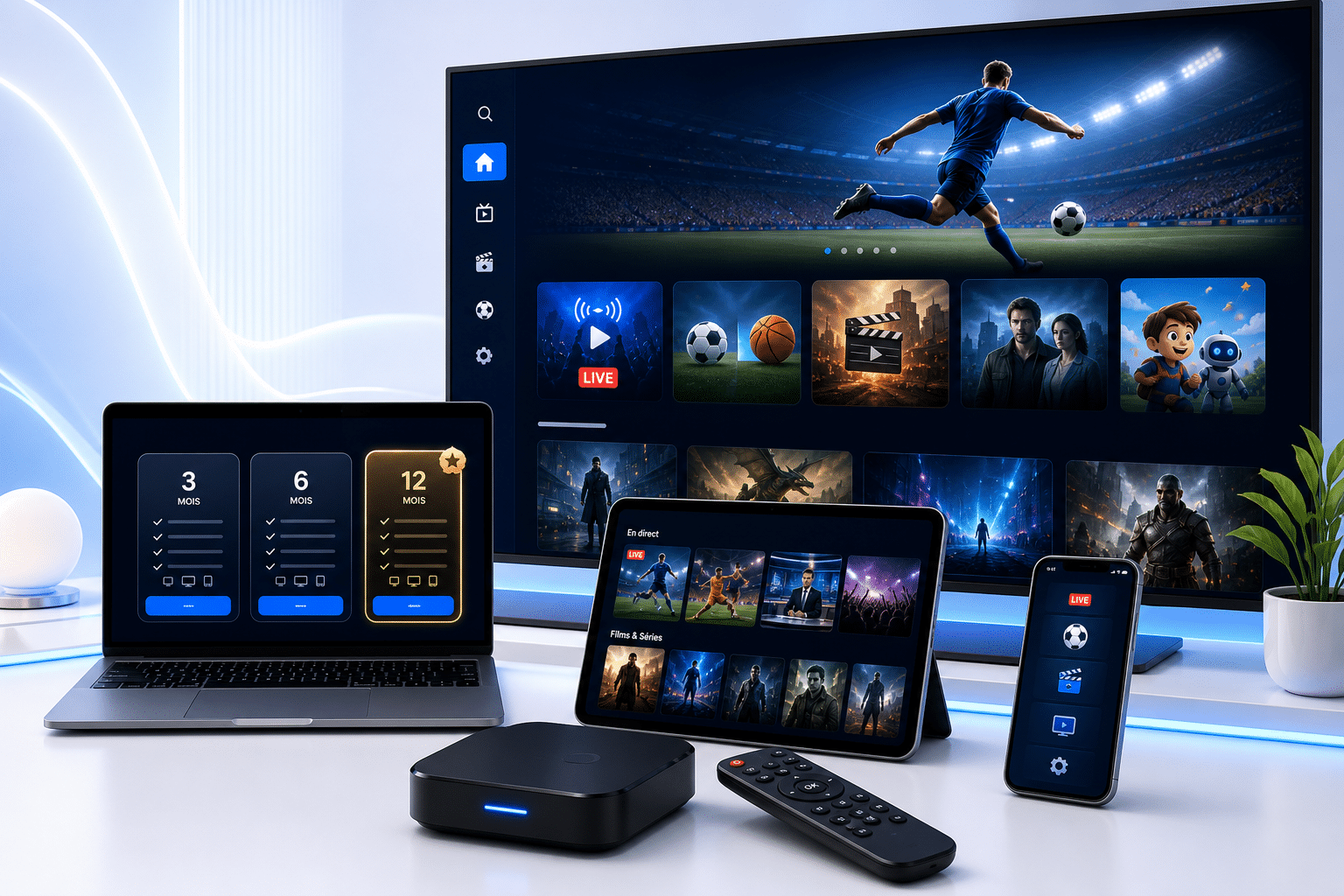 Hero IPTV300 premium avec interface moderne, offres, sports, films et appareils connectés